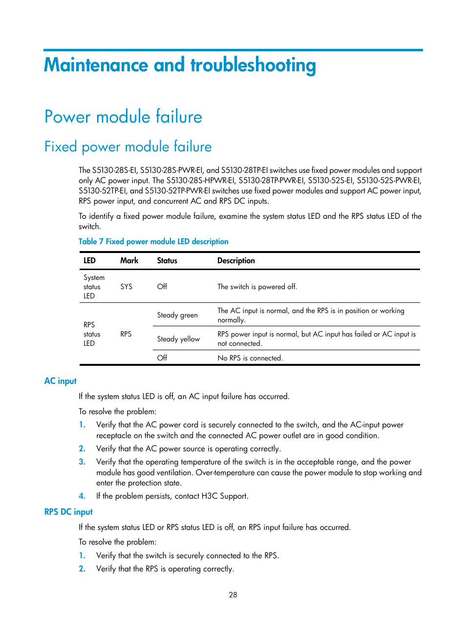 Maintenance and troubleshooting, Power module failure, Fixed power module failure | Ac input, Rps dc input | H3C Technologies H3C S5130 Series Switches User Manual | Page 35 / 65