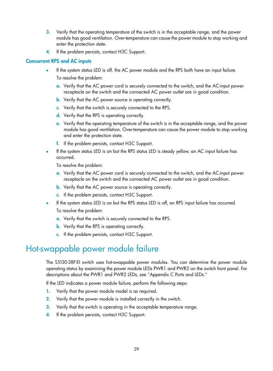 Concurrent rps and ac inputs, Hot-swappable power module failure | H3C Technologies H3C S5130 Series Switches User Manual | Page 36 / 65