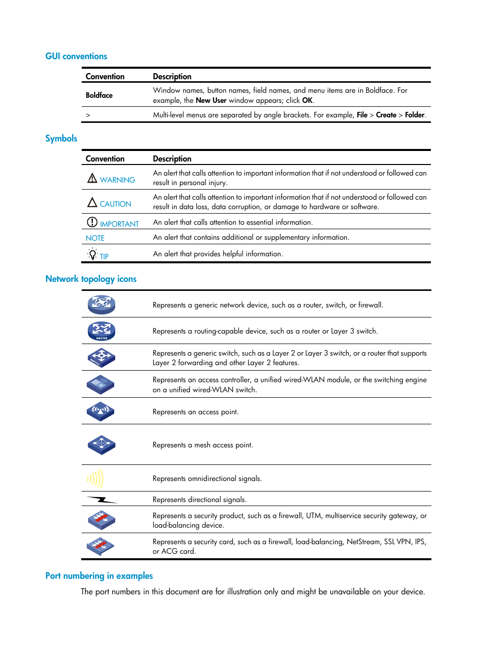 Gui conventions, Symbols, Network topology icons | Port numbering in examples | H3C Technologies H3C S5130 Series Switches User Manual | Page 4 / 65