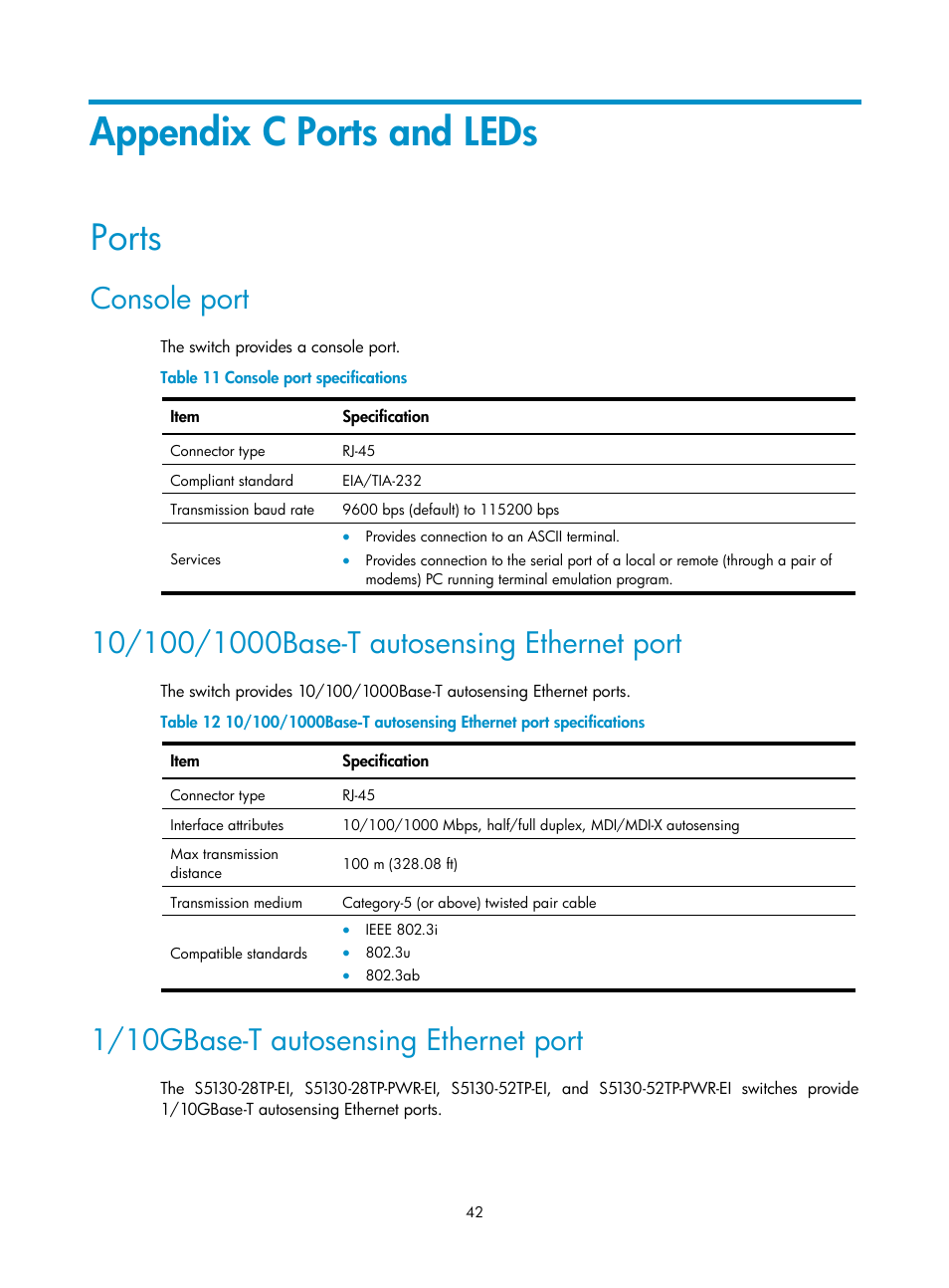 Appendix c ports and leds, Ports, Console port | 10/100/1000base-t autosensing ethernet port, 1/10gbase-t autosensing ethernet port | H3C Technologies H3C S5130 Series Switches User Manual | Page 49 / 65