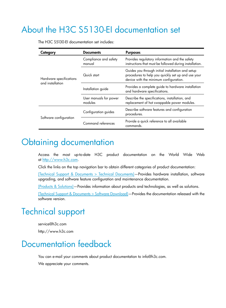 About the h3c s5130-ei documentation set, Obtaining documentation, Technical support | Documentation feedback | H3C Technologies H3C S5130 Series Switches User Manual | Page 5 / 65