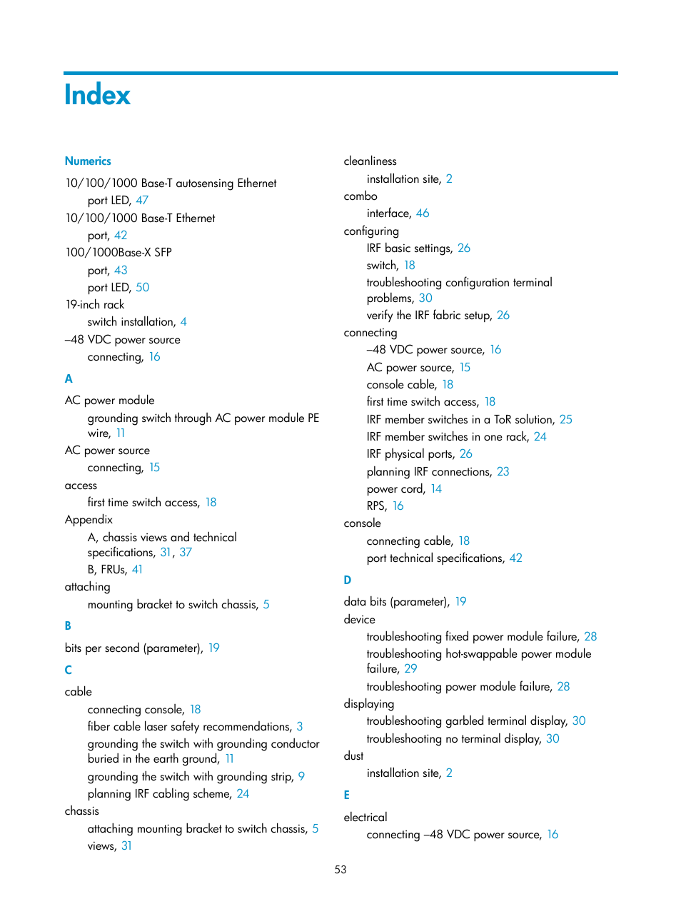 Index | H3C Technologies H3C S5130 Series Switches User Manual | Page 60 / 65