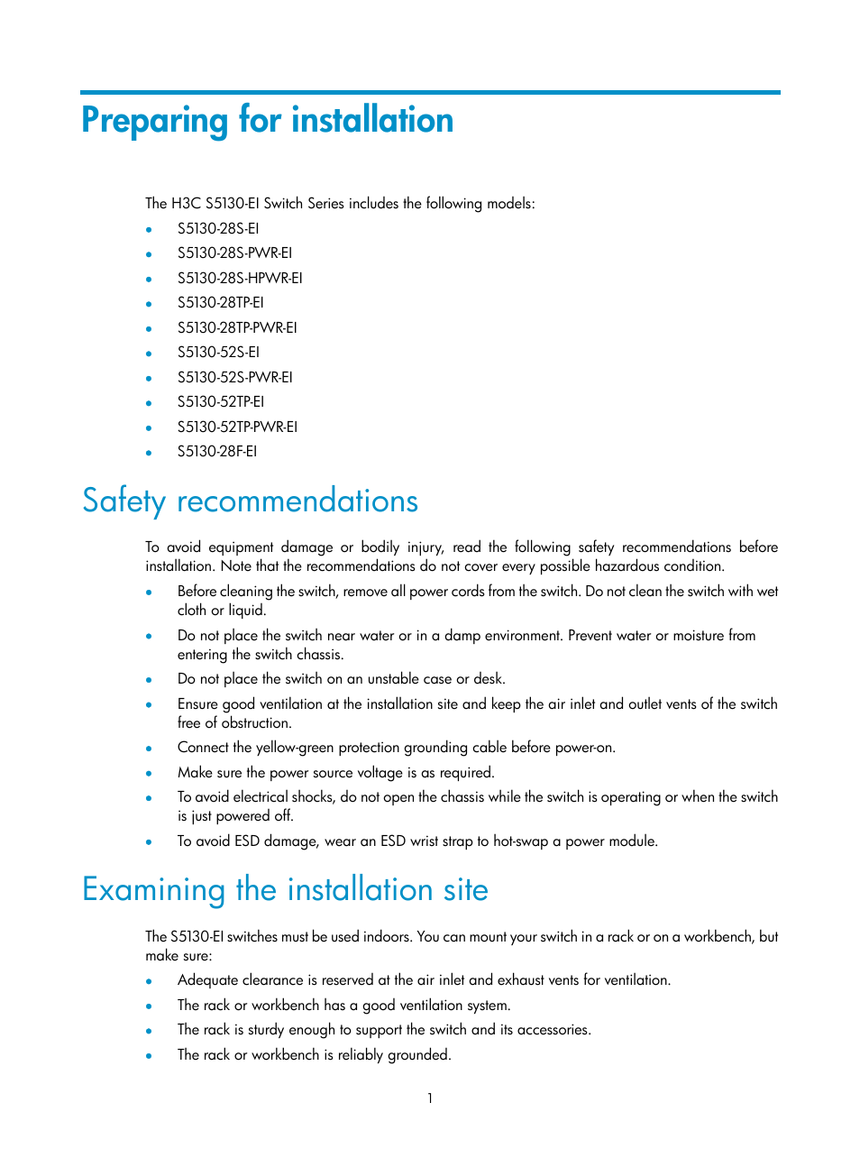 Preparing for installation, Safety recommendations, Examining the installation site | H3C Technologies H3C S5130 Series Switches User Manual | Page 8 / 65