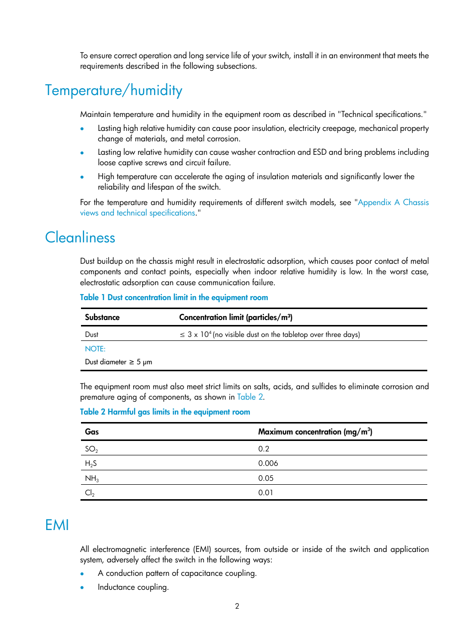 Temperature/humidity, Cleanliness | H3C Technologies H3C S5130 Series Switches User Manual | Page 9 / 65