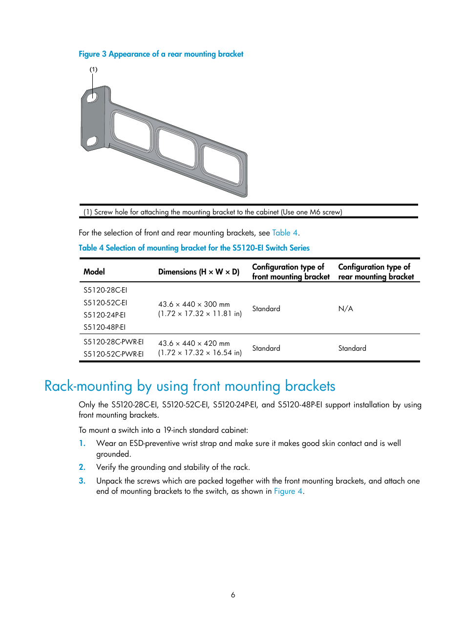 Rack-mounting by using front mounting brackets | H3C Technologies H3C S5120 Series Switches User Manual | Page 14 / 63