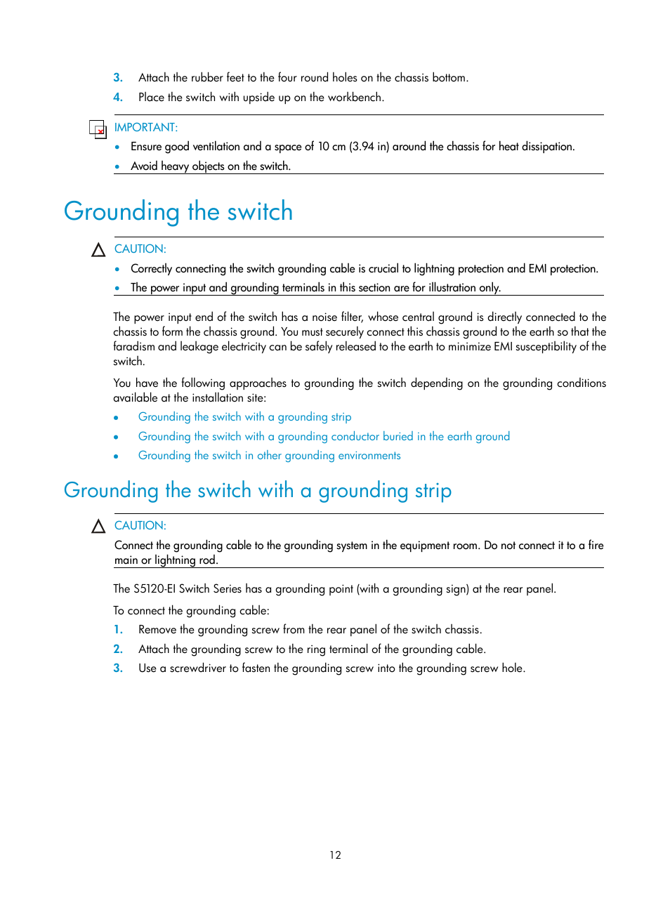 Grounding the switch, Grounding the switch with a grounding strip | H3C Technologies H3C S5120 Series Switches User Manual | Page 20 / 63