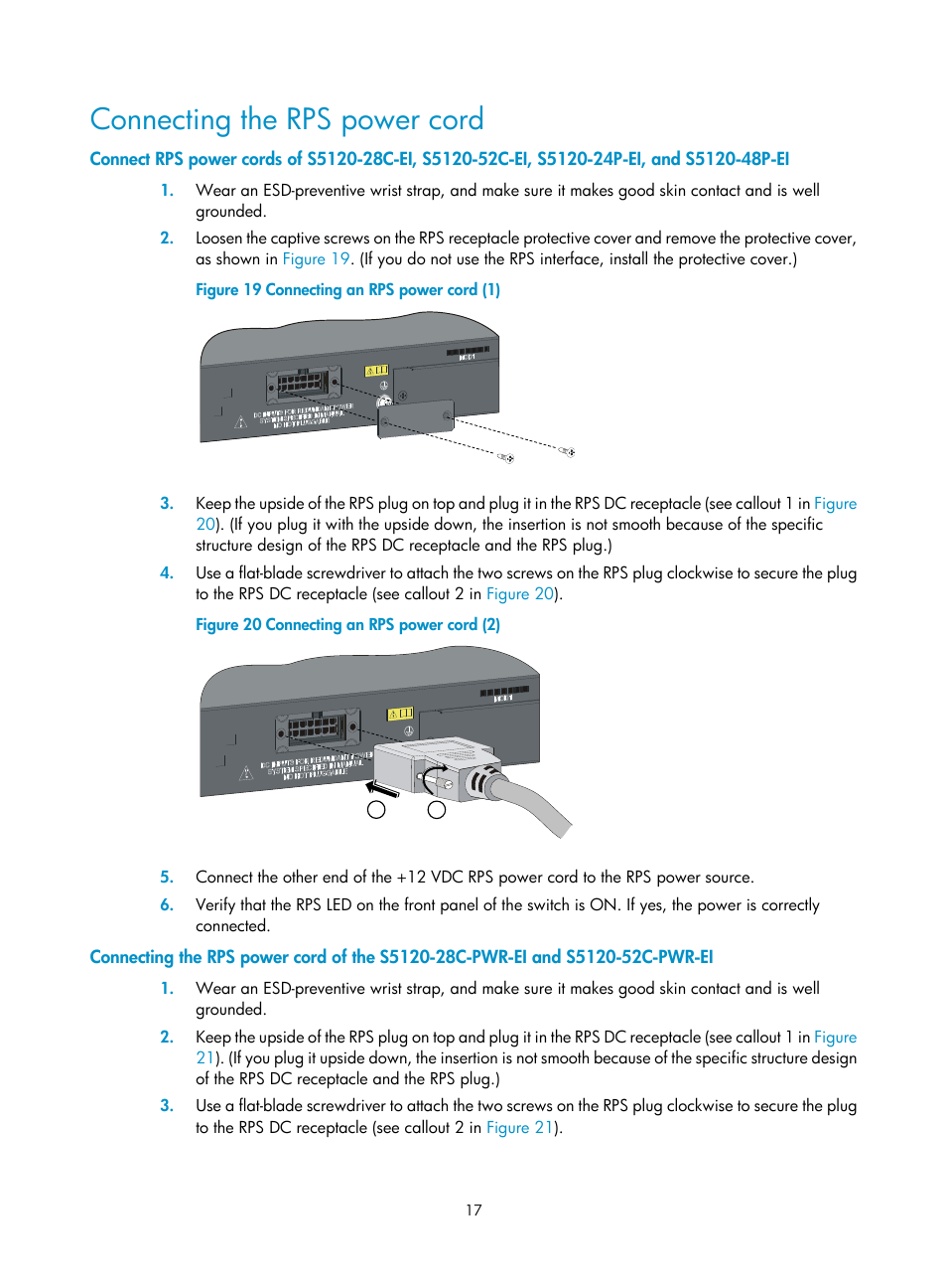 Connecting the rps power cord | H3C Technologies H3C S5120 Series Switches User Manual | Page 25 / 63