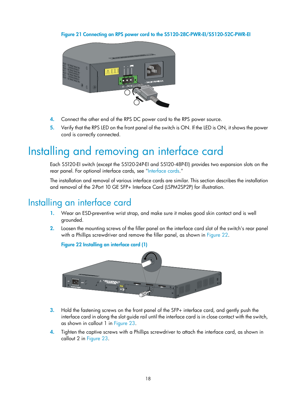 Installing and removing an interface card, Installing an interface card, Figure | Le (see callout 2 in, Figure 21 | H3C Technologies H3C S5120 Series Switches User Manual | Page 26 / 63