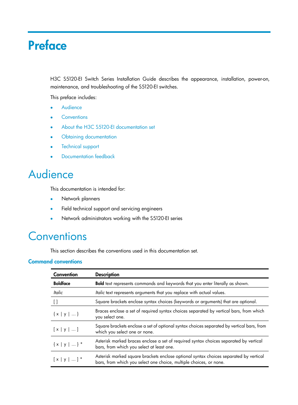 Preface, Audience, Conventions | Command conventions | H3C Technologies H3C S5120 Series Switches User Manual | Page 3 / 63