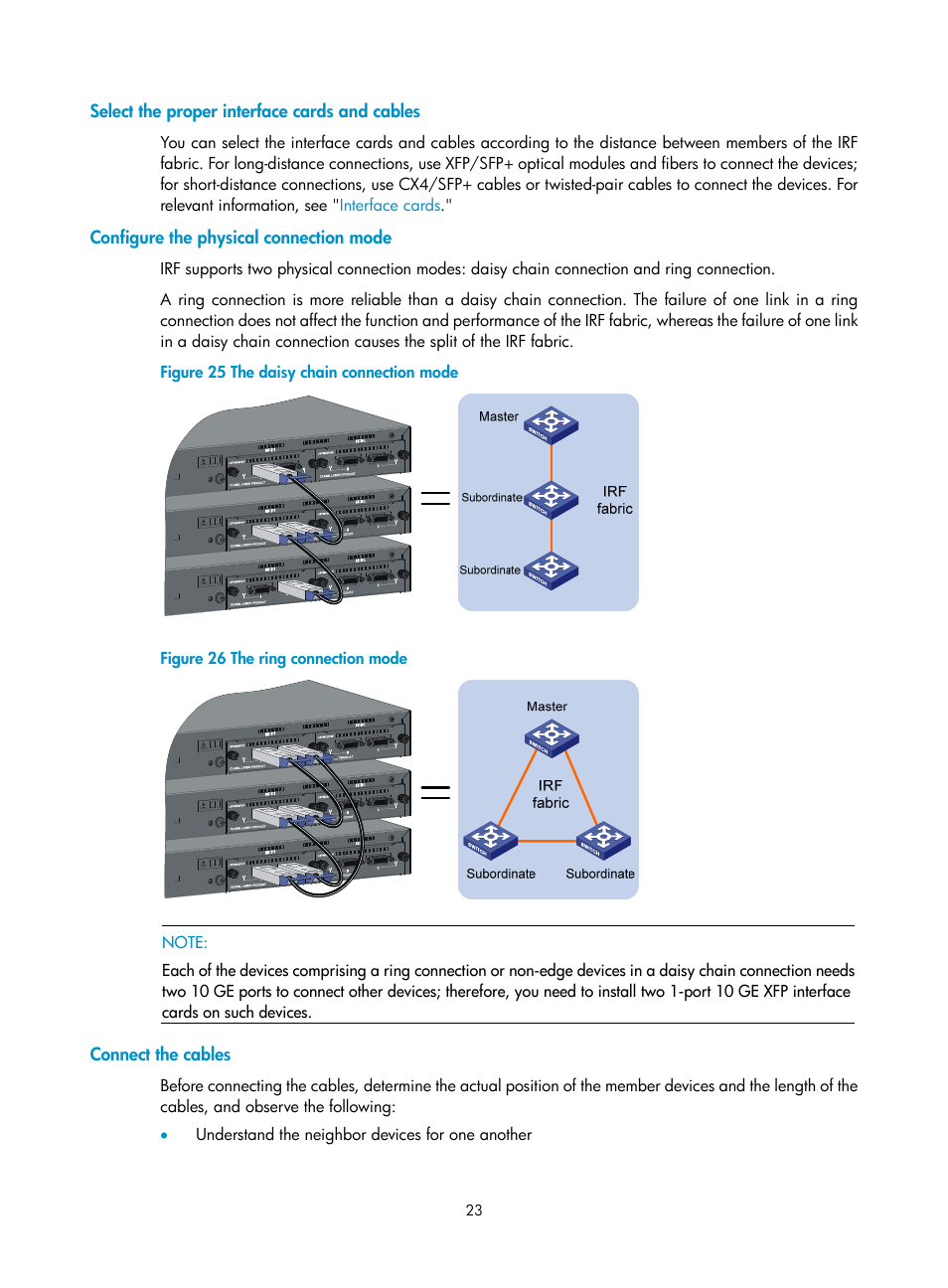 Select the proper interface cards and cables, Configure the physical connection mode, Connect the cables | H3C Technologies H3C S5120 Series Switches User Manual | Page 31 / 63