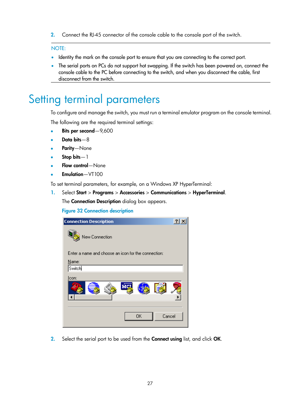 Setting terminal parameters | H3C Technologies H3C S5120 Series Switches User Manual | Page 35 / 63