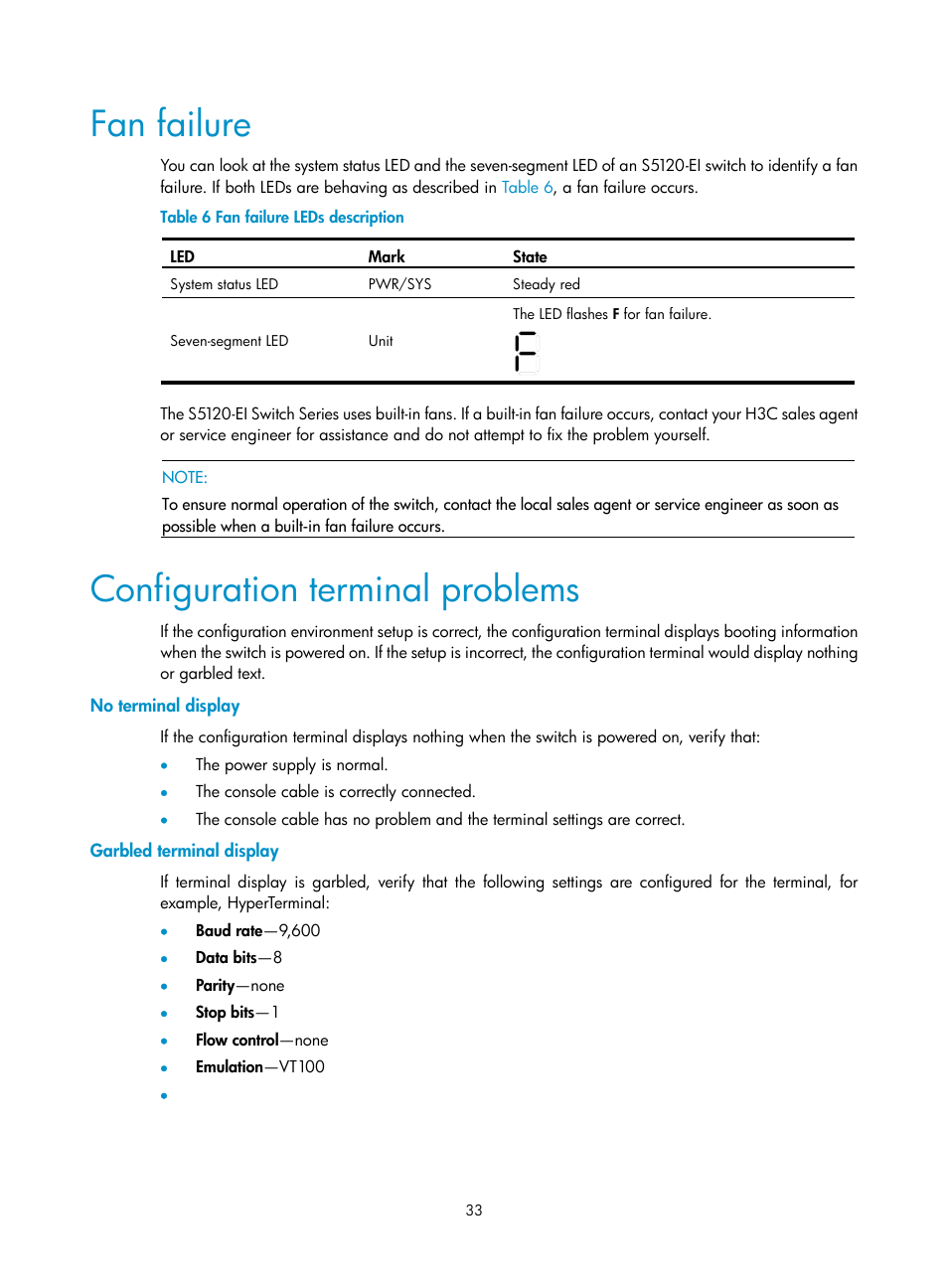 Fan failure, Configuration terminal problems, No terminal display | Garbled terminal display | H3C Technologies H3C S5120 Series Switches User Manual | Page 41 / 63