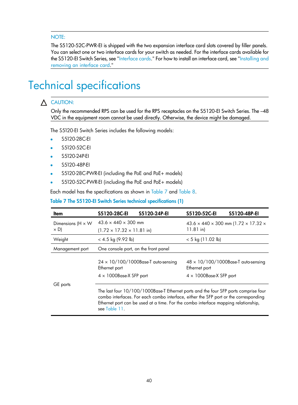 Technical specifications | H3C Technologies H3C S5120 Series Switches User Manual | Page 48 / 63