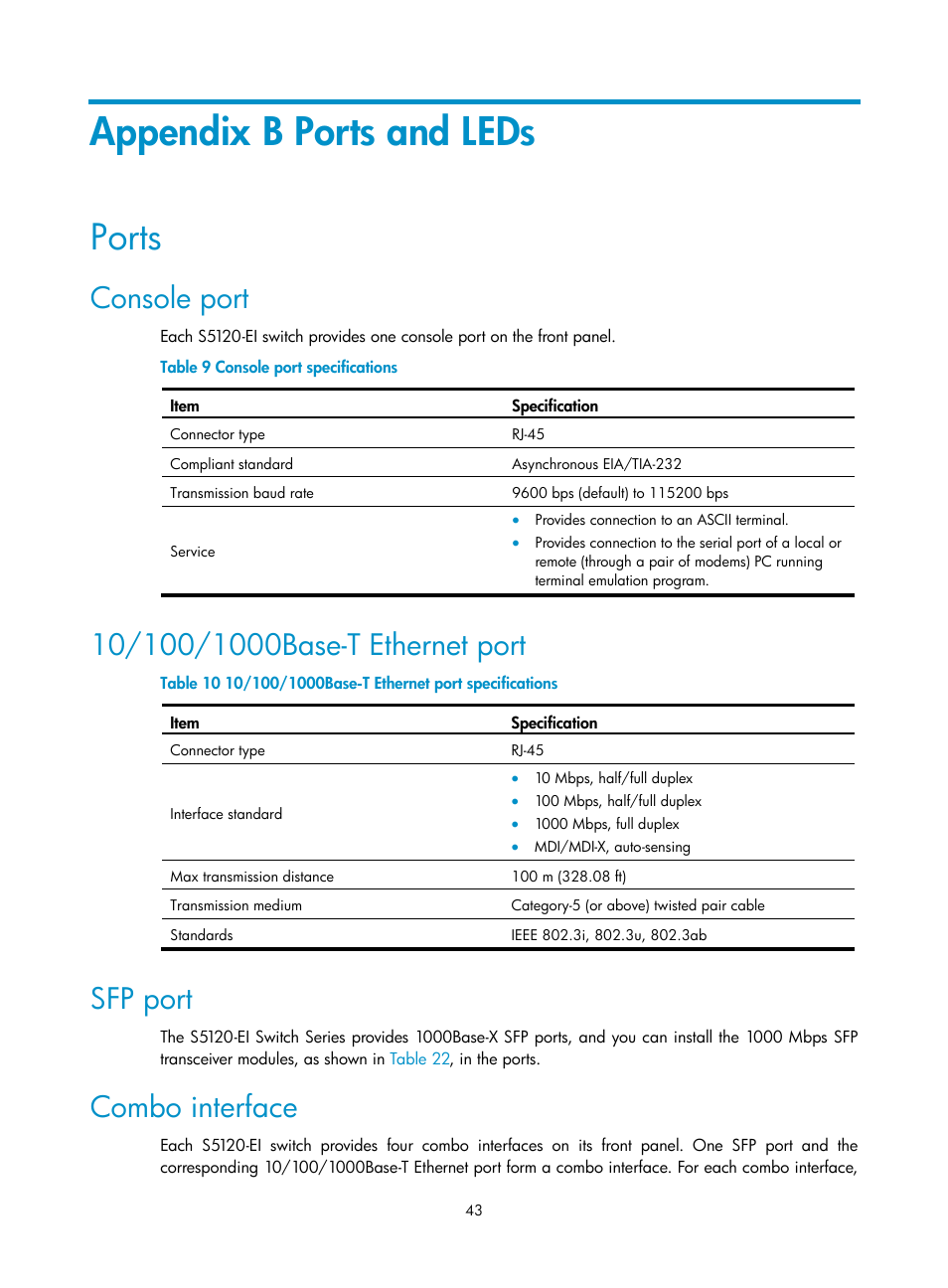 Appendix b ports and leds, Ports, Console port | 10/100/1000base-t ethernet port, Sfp port, Combo interface | H3C Technologies H3C S5120 Series Switches User Manual | Page 51 / 63