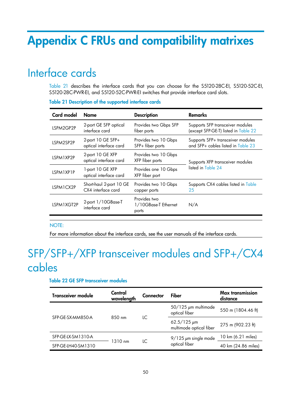 Appendix c frus and compatibility matrixes, Interface cards | H3C Technologies H3C S5120 Series Switches User Manual | Page 58 / 63