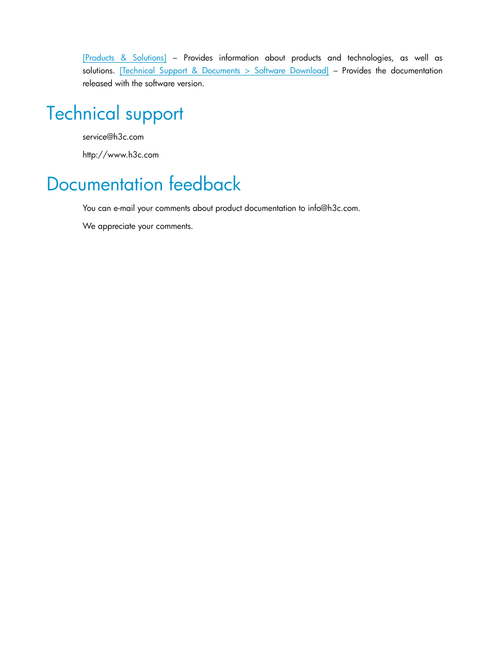 Technical support, Documentation feedback | H3C Technologies H3C S5120 Series Switches User Manual | Page 6 / 63