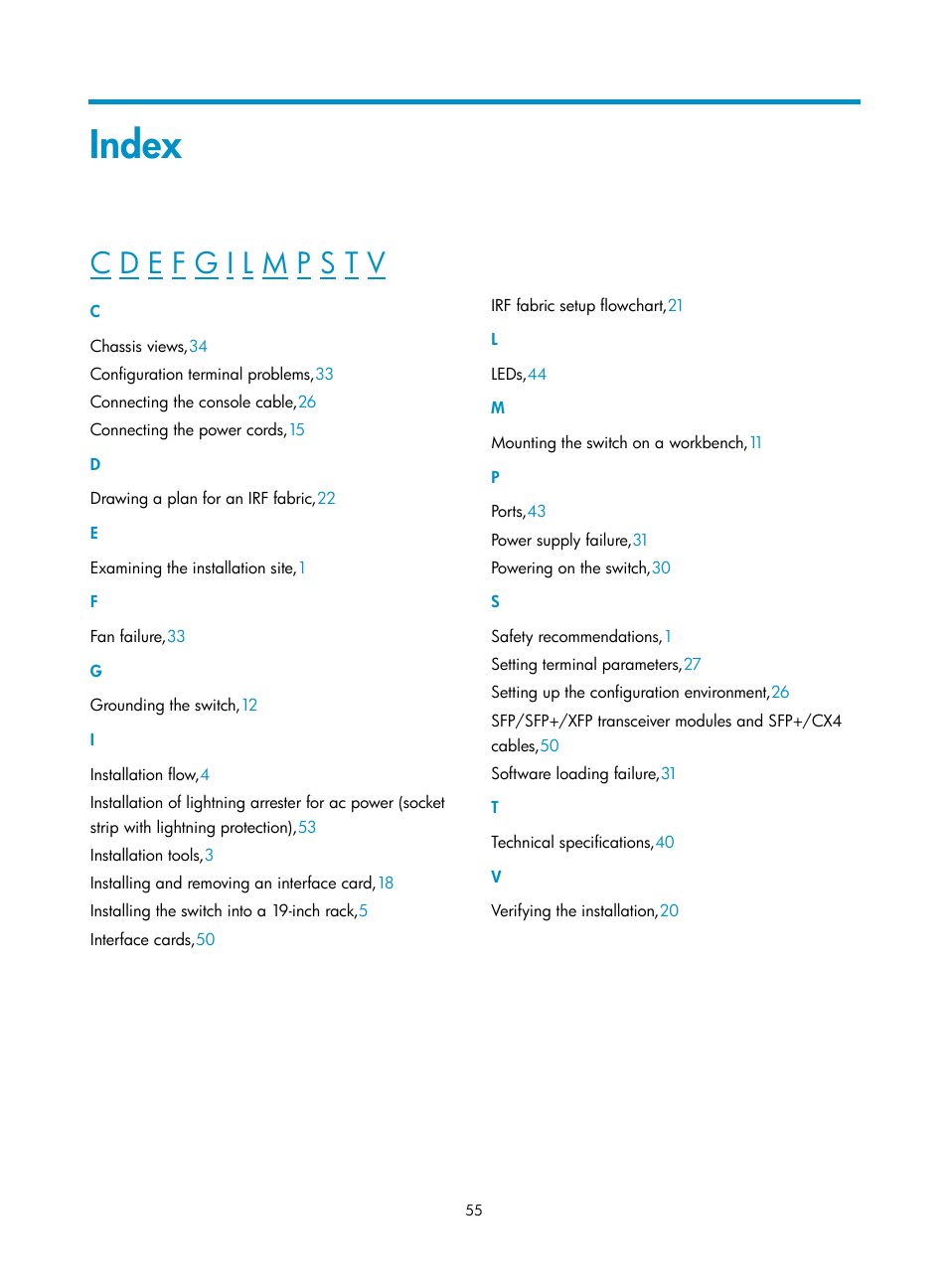 Index | H3C Technologies H3C S5120 Series Switches User Manual | Page 63 / 63