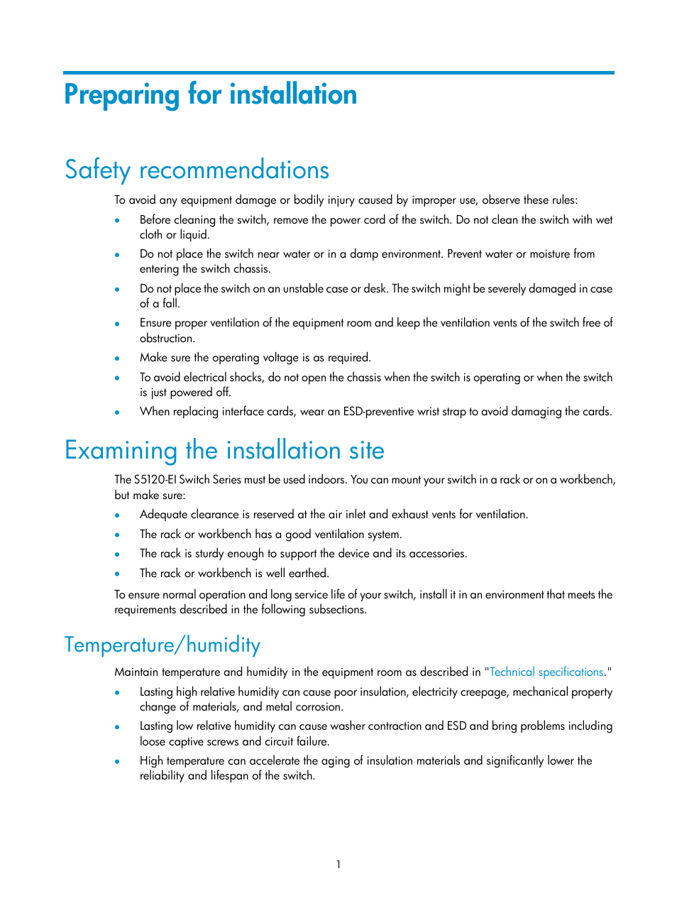 Preparing for installation, Safety recommendations, Examining the installation site | Temperature/humidity | H3C Technologies H3C S5120 Series Switches User Manual | Page 9 / 63