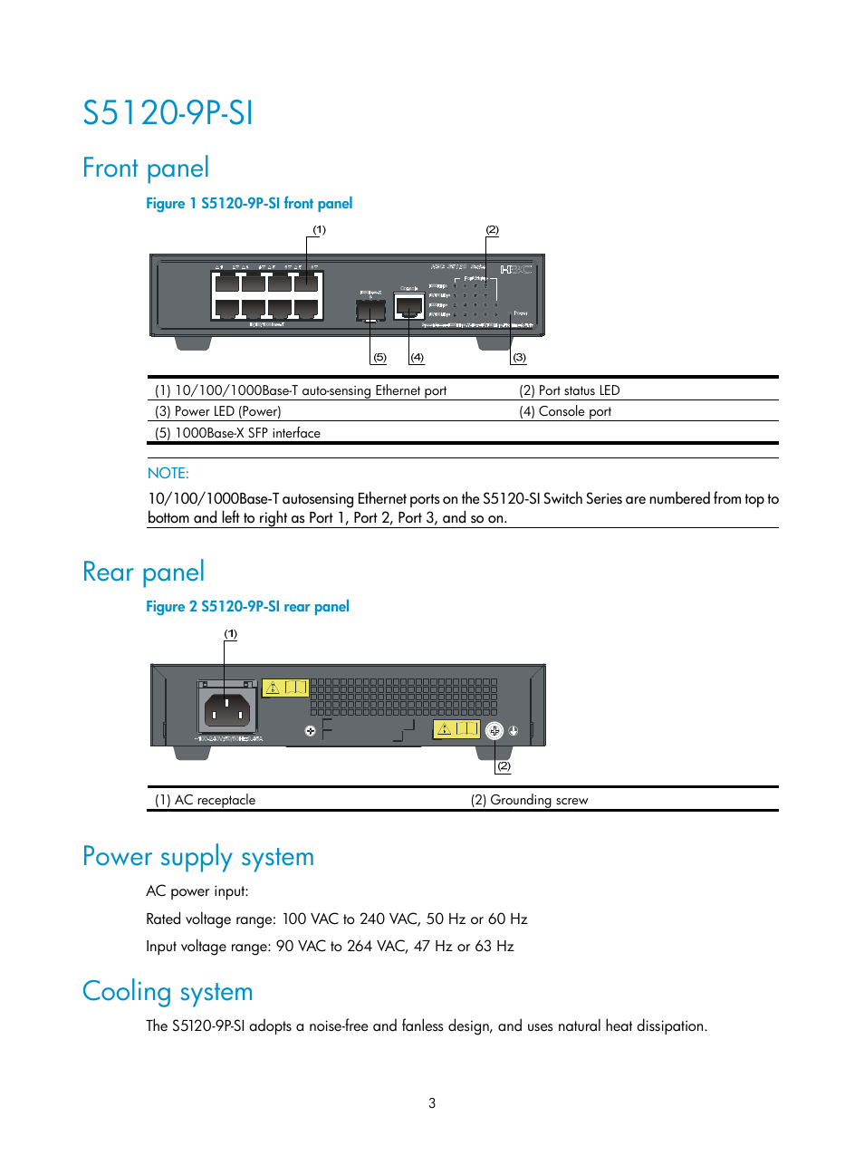 S5120-9p-si, Front panel, Rear panel | Power supply system, Cooling system | H3C Technologies H3C S5120 Series Switches User Manual | Page 11 / 74