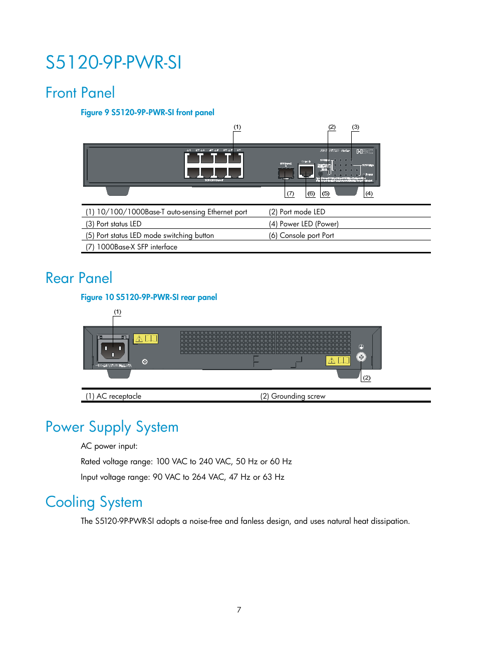 S5120-9p-pwr-si, Front panel, Rear panel | Power supply system, Cooling system | H3C Technologies H3C S5120 Series Switches User Manual | Page 15 / 74