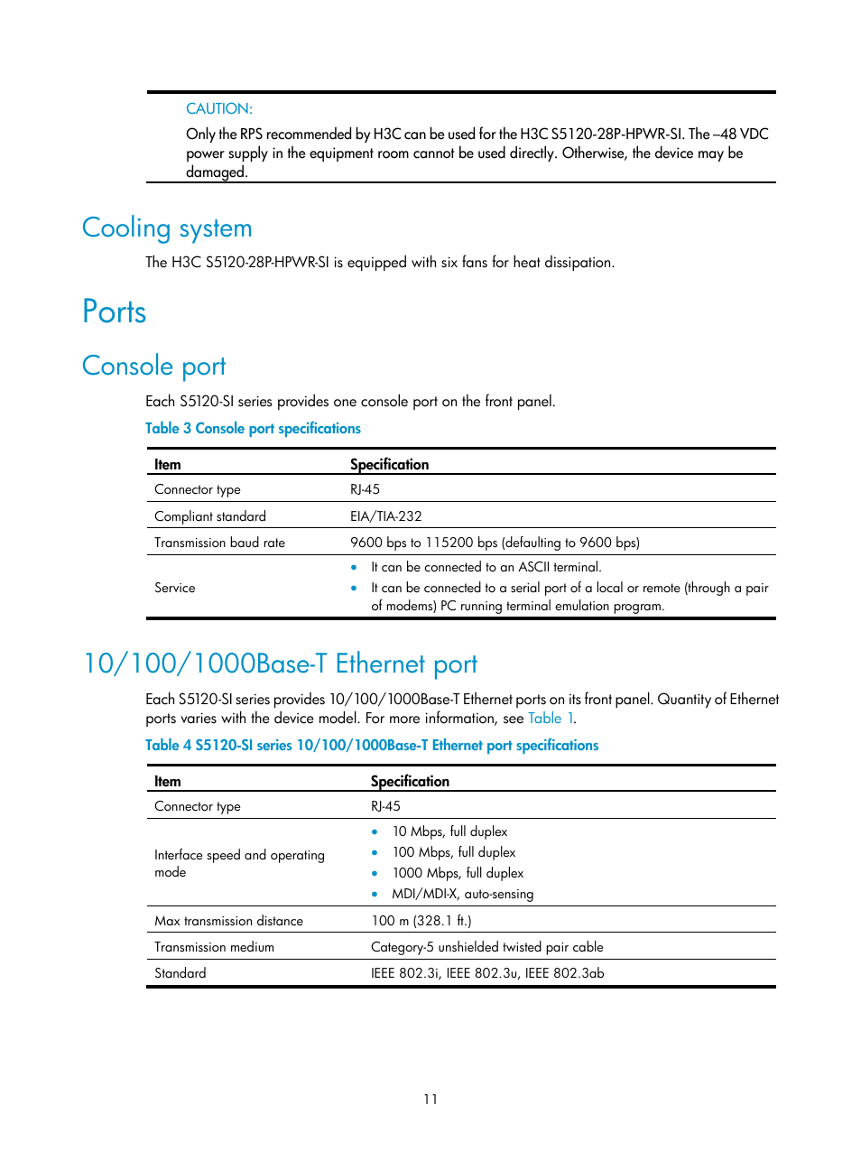 Cooling system, Ports, Console port | 10/100/1000base-t ethernet port | H3C Technologies H3C S5120 Series Switches User Manual | Page 19 / 74