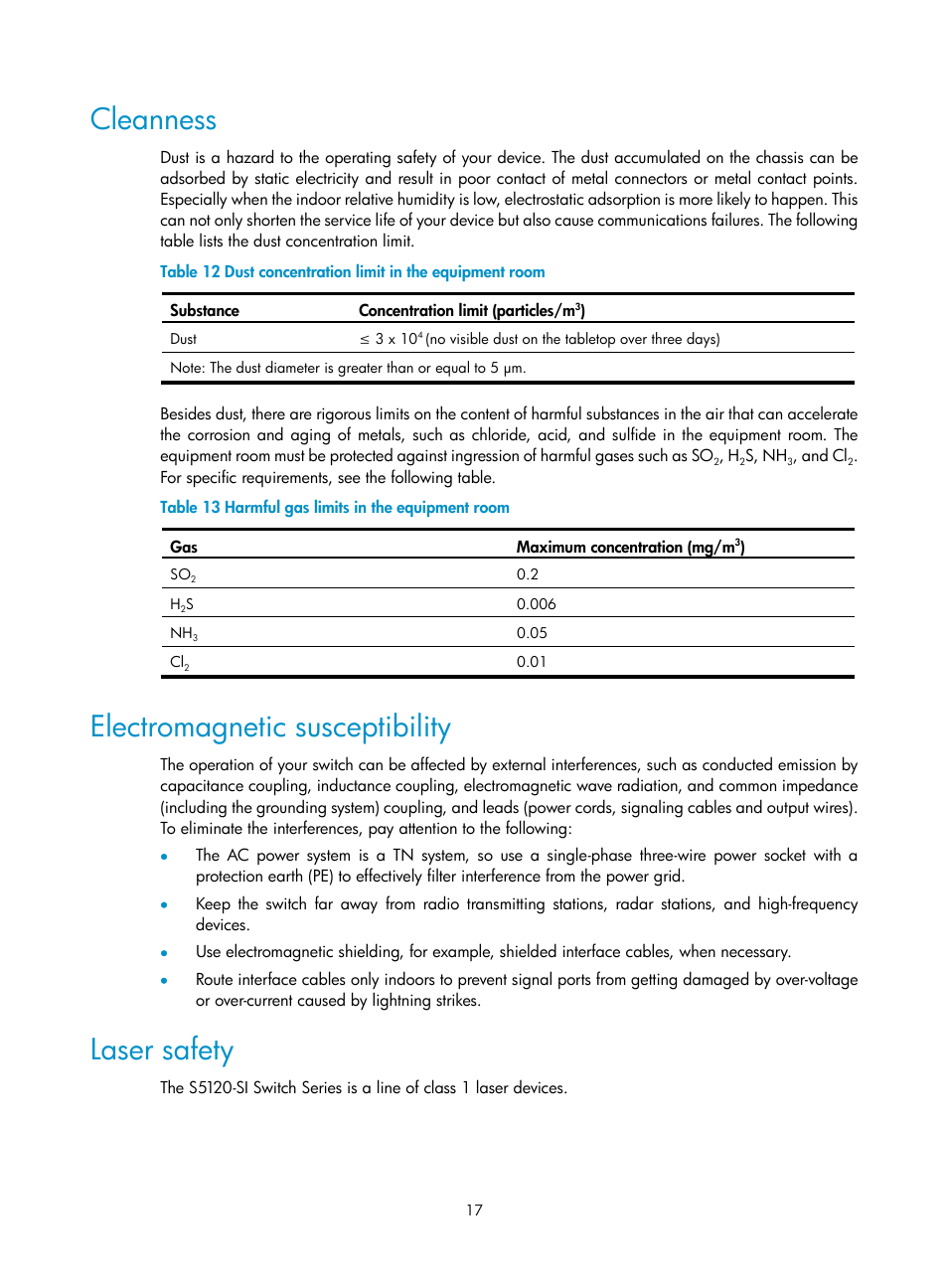 Cleanness, Electromagnetic susceptibility, Laser safety | H3C Technologies H3C S5120 Series Switches User Manual | Page 25 / 74