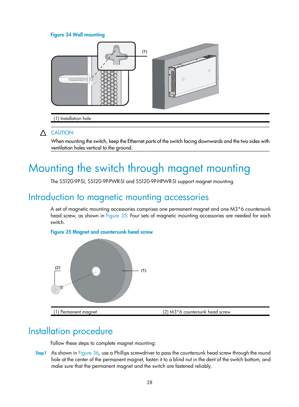 Mounting the switch through magnet mounting, Introduction to magnetic mounting accessories, Installation procedure | Figure 34 | H3C Technologies H3C S5120 Series Switches User Manual | Page 36 / 74