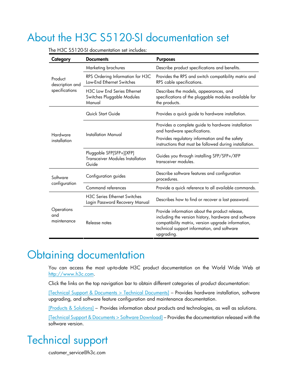 About the h3c s5120-si documentation set, Obtaining documentation, Technical support | H3C Technologies H3C S5120 Series Switches User Manual | Page 4 / 74