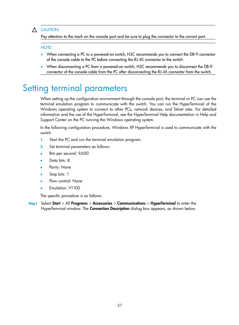 Setting terminal parameters | H3C Technologies H3C S5120 Series Switches User Manual | Page 45 / 74