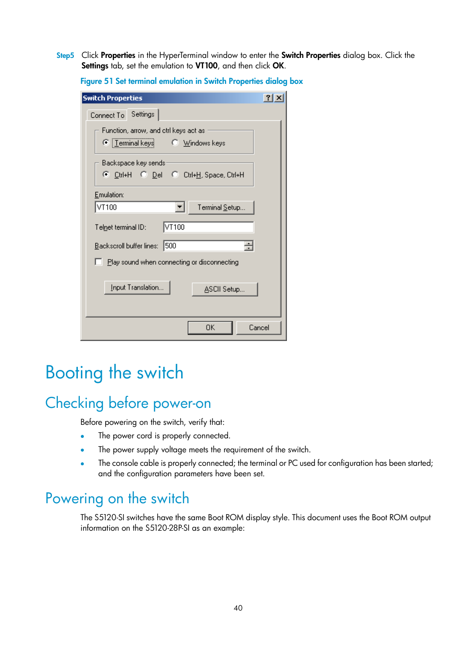 Booting the switch, Checking before power-on, Powering on the switch | H3C Technologies H3C S5120 Series Switches User Manual | Page 48 / 74