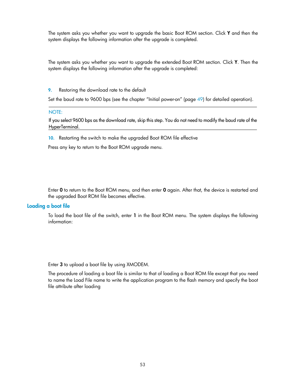 Loading a boot file, Restoring the download rate to the default, File effective | H3C Technologies H3C S5120 Series Switches User Manual | Page 61 / 74