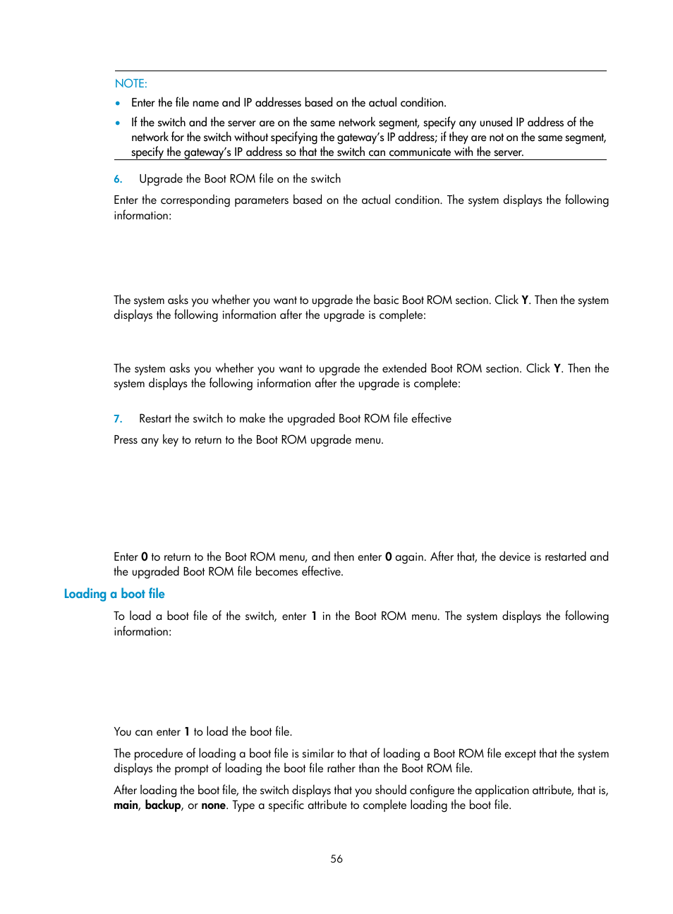 Loading a boot file, Upgrade the boot rom file on the switch | H3C Technologies H3C S5120 Series Switches User Manual | Page 64 / 74