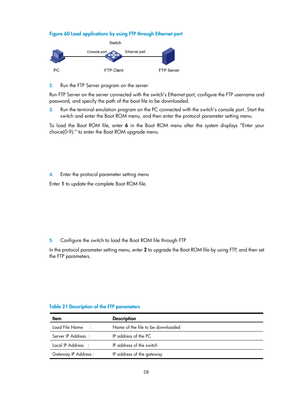 Run the ftp server program on the server, Menu, Enter the protocol parameter setting menu | Figure 60 | H3C Technologies H3C S5120 Series Switches User Manual | Page 66 / 74