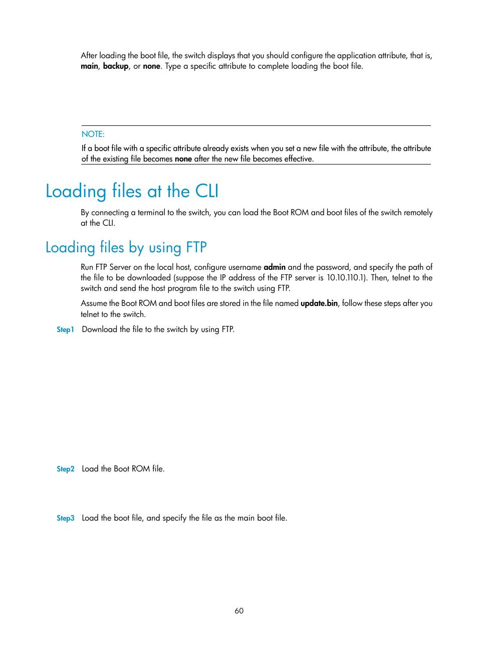 Loading files at the cli, Loading files by using ftp | H3C Technologies H3C S5120 Series Switches User Manual | Page 68 / 74