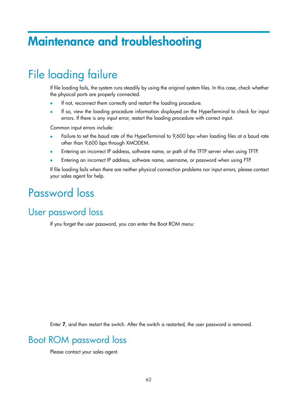 Maintenance and troubleshooting, File loading failure, Password loss | User password loss, Boot rom password loss | H3C Technologies H3C S5120 Series Switches User Manual | Page 70 / 74