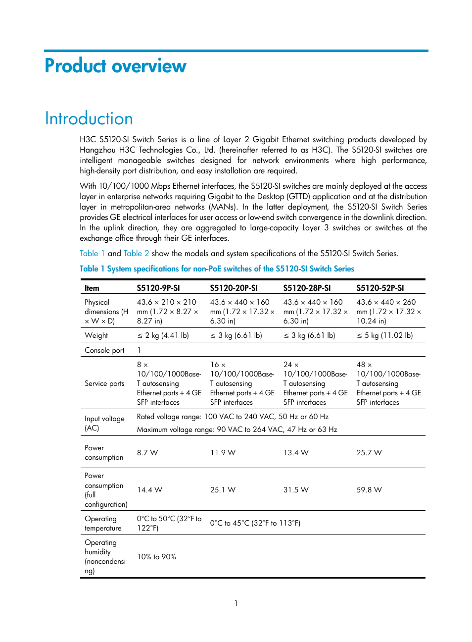 Product overview, Introduction | H3C Technologies H3C S5120 Series Switches User Manual | Page 9 / 74