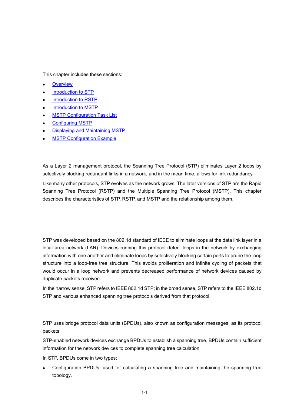 1 mstp configuration, Overview, Introduction to stp | Why stp, Protocol packets of stp, 1 introduction to stp, 1 protocol packets of stp, Mstp configuration | H3C Technologies H3C S5120 Series Switches User Manual | Page 166 / 745
