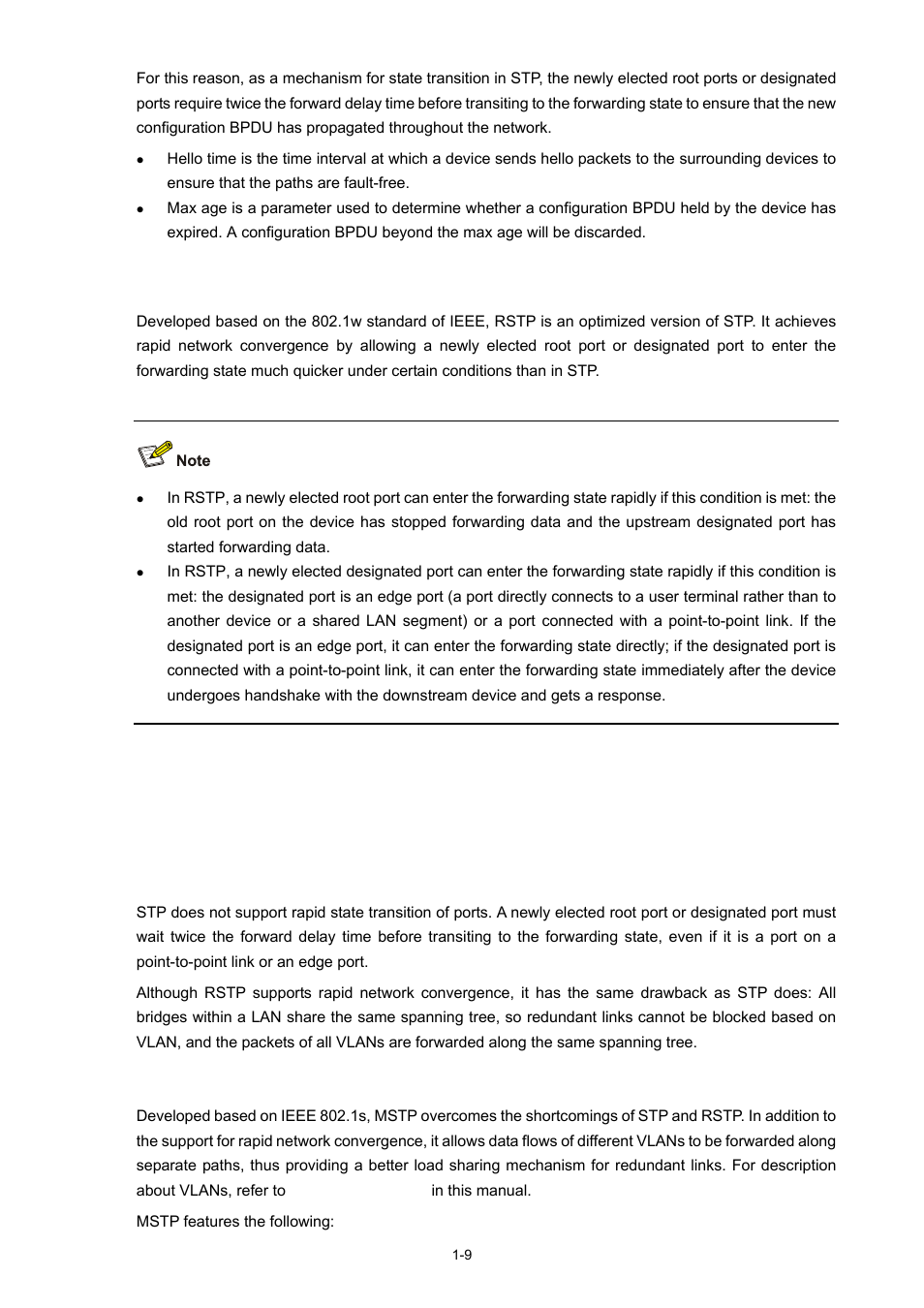 Introduction to rstp, Introduction to mstp, Why mstp | Weaknesses of stp and rstp, Features of mstp, 9 introduction to mstp | H3C Technologies H3C S5120 Series Switches User Manual | Page 174 / 745