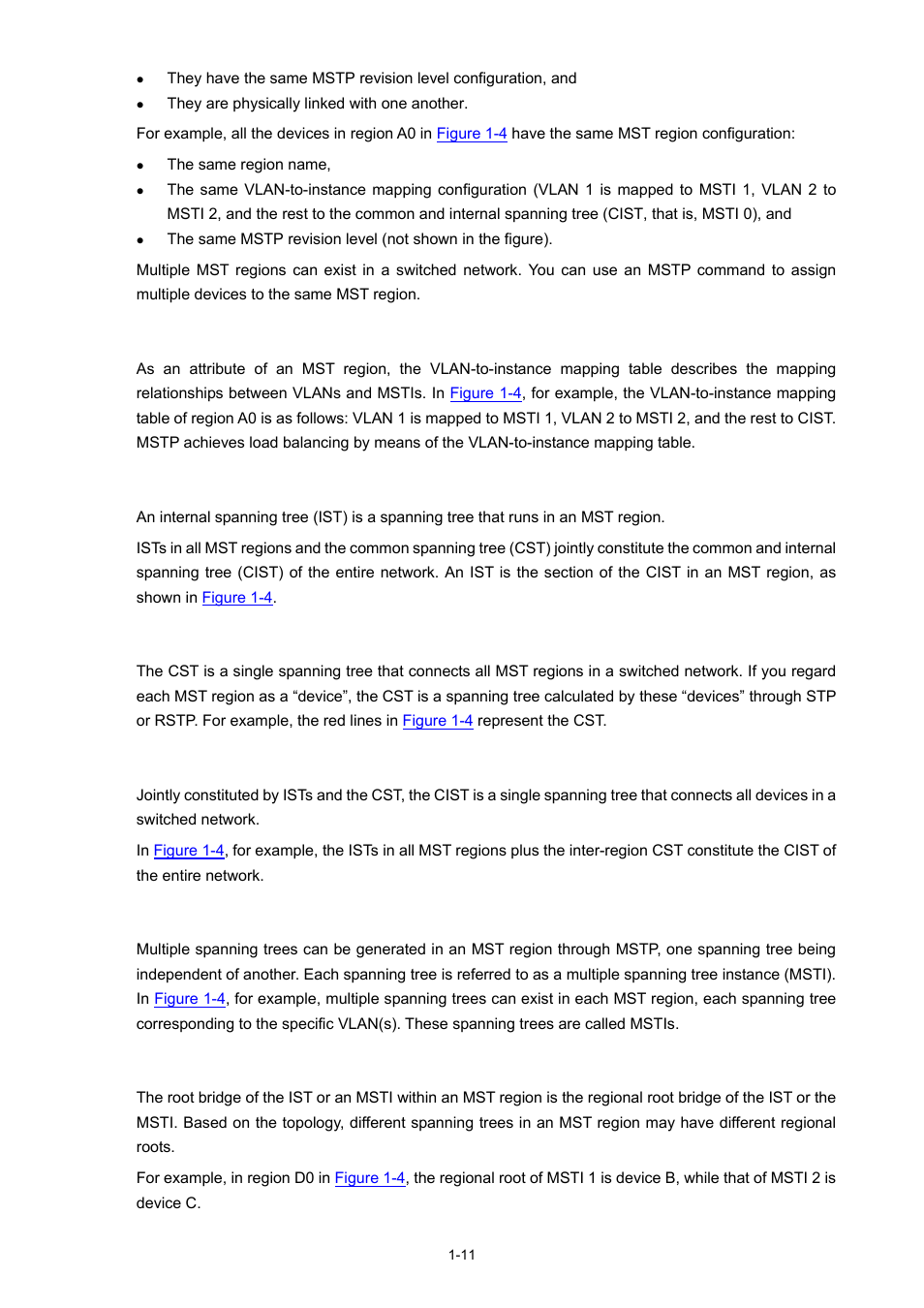 Vlan-to-instance mapping table, Cist, Msti | Regional root bridge | H3C Technologies H3C S5120 Series Switches User Manual | Page 176 / 745