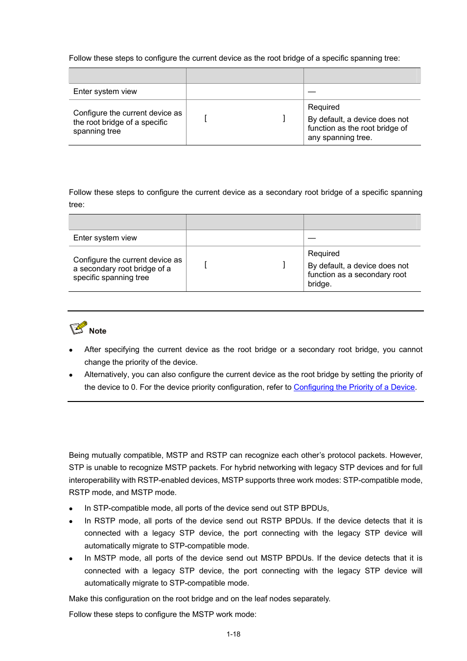 Configuring the work mode of an mstp device | H3C Technologies H3C S5120 Series Switches User Manual | Page 183 / 745