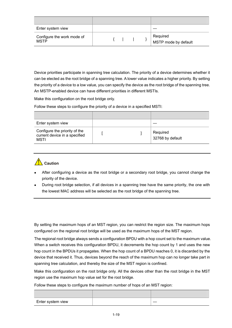 Configuring the priority of a device, Configuring the maximum hops of an mst region | H3C Technologies H3C S5120 Series Switches User Manual | Page 184 / 745