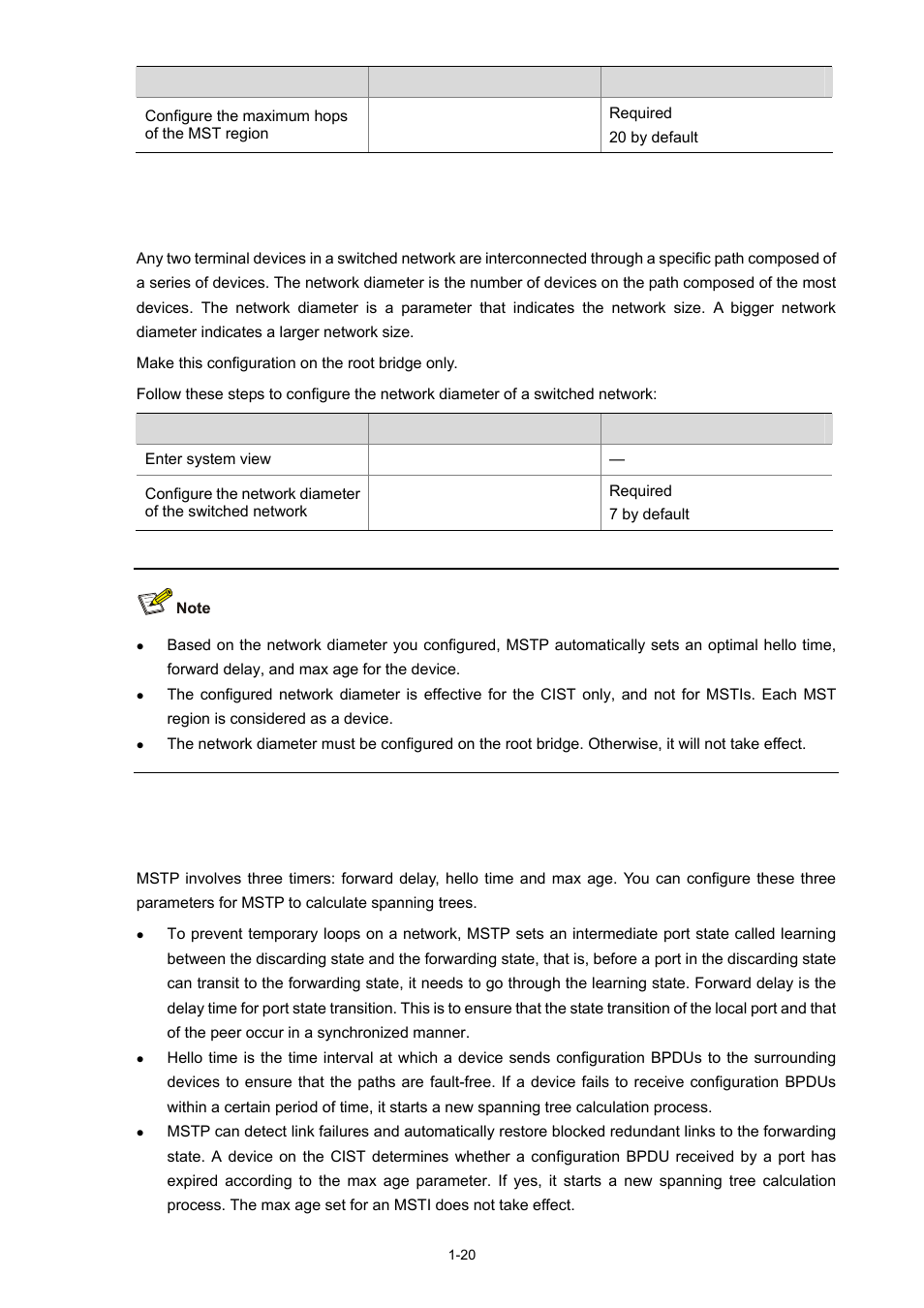 Configuring timers of mstp | H3C Technologies H3C S5120 Series Switches User Manual | Page 185 / 745