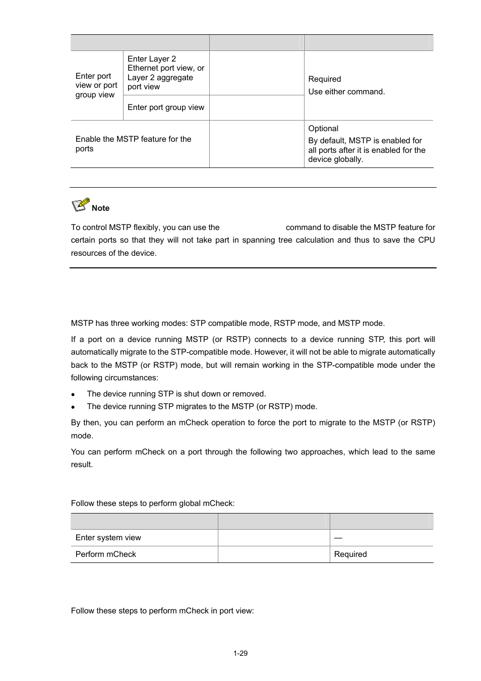 Performing mcheck, Performing mcheck globally, Performing mcheck in port view | H3C Technologies H3C S5120 Series Switches User Manual | Page 194 / 745