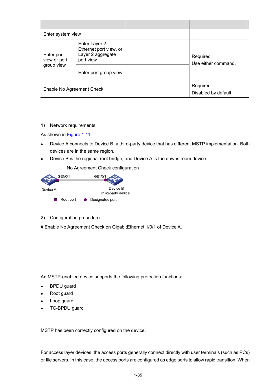 No agreement check configuration example, Configuring protection functions, Configuration prerequisites | Enabling bpdu guard | H3C Technologies H3C S5120 Series Switches User Manual | Page 200 / 745
