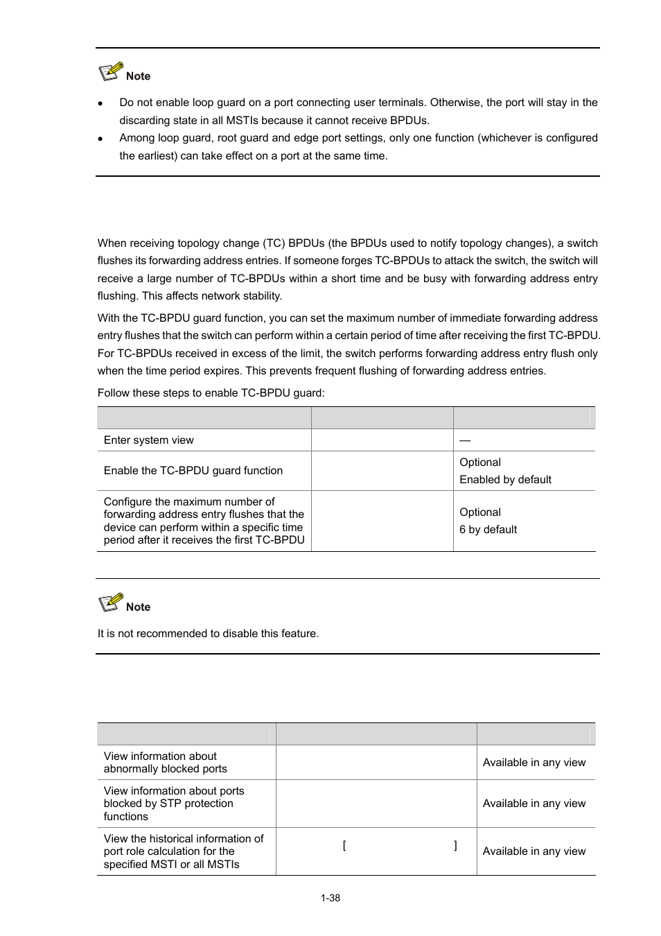Enabling tc-bpdu guard, Displaying and maintaining mstp | H3C Technologies H3C S5120 Series Switches User Manual | Page 203 / 745