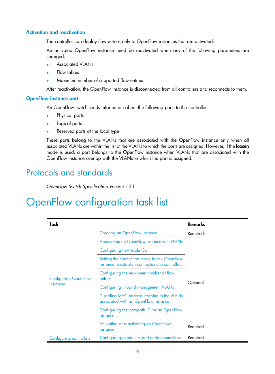 Activation and reactivation, Openflow instance port, Protocols and standards | Openflow configuration task list | H3C Technologies H3C S5120 Series Switches User Manual | Page 12 / 21