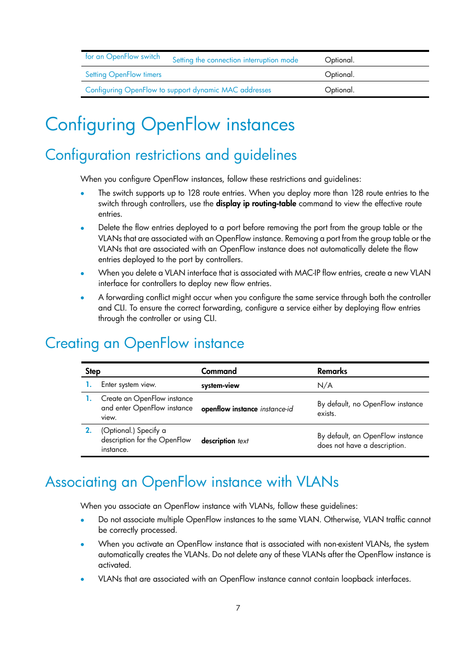 Configuring openflow instances, Configuration restrictions and guidelines, Creating an openflow instance | Associating an openflow instance with vlans | H3C Technologies H3C S5120 Series Switches User Manual | Page 13 / 21