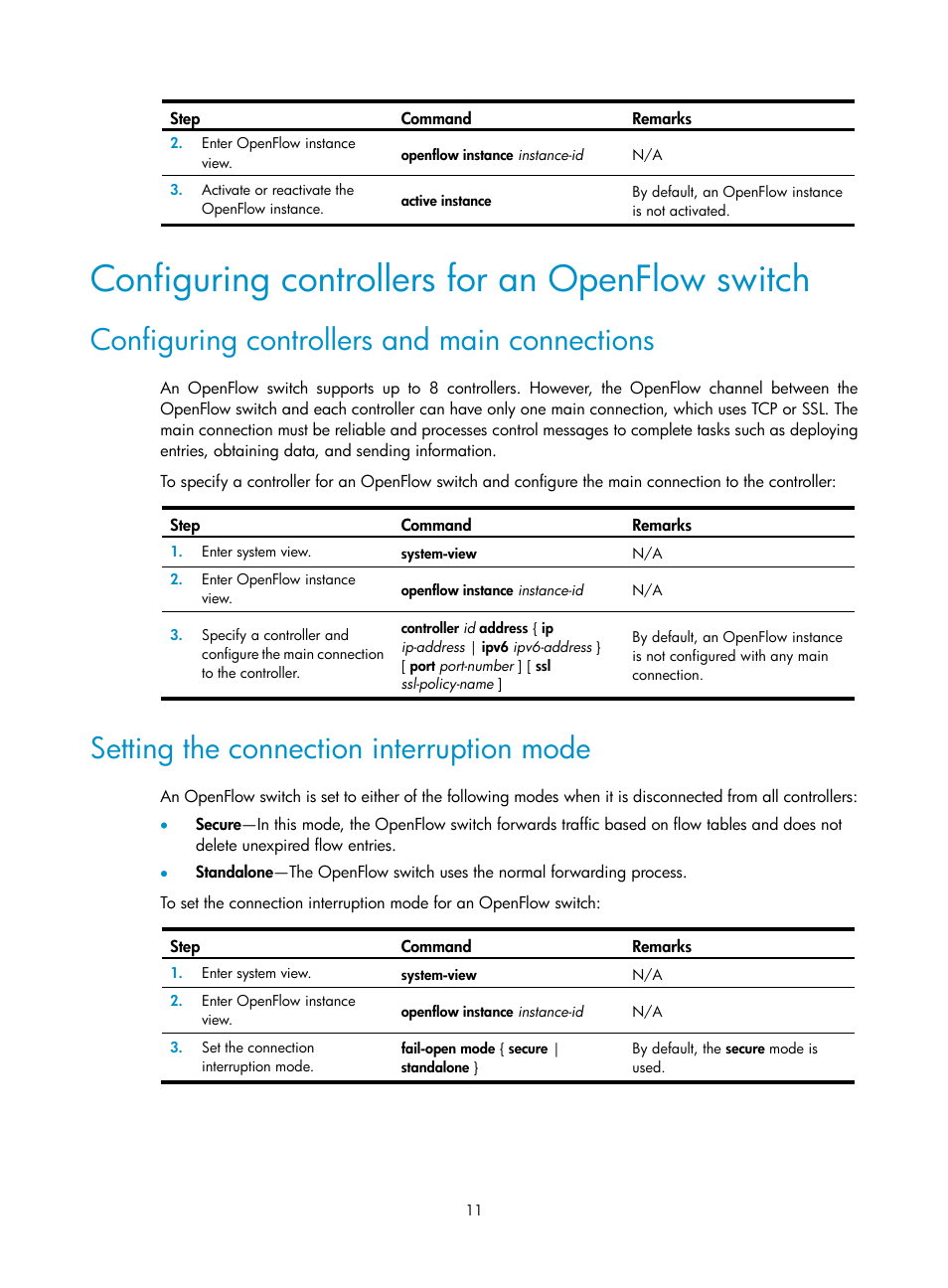 Configuring controllers for an openflow switch, Configuring controllers and main connections, Setting the connection interruption mode | Configuring controllers | H3C Technologies H3C S5120 Series Switches User Manual | Page 17 / 21