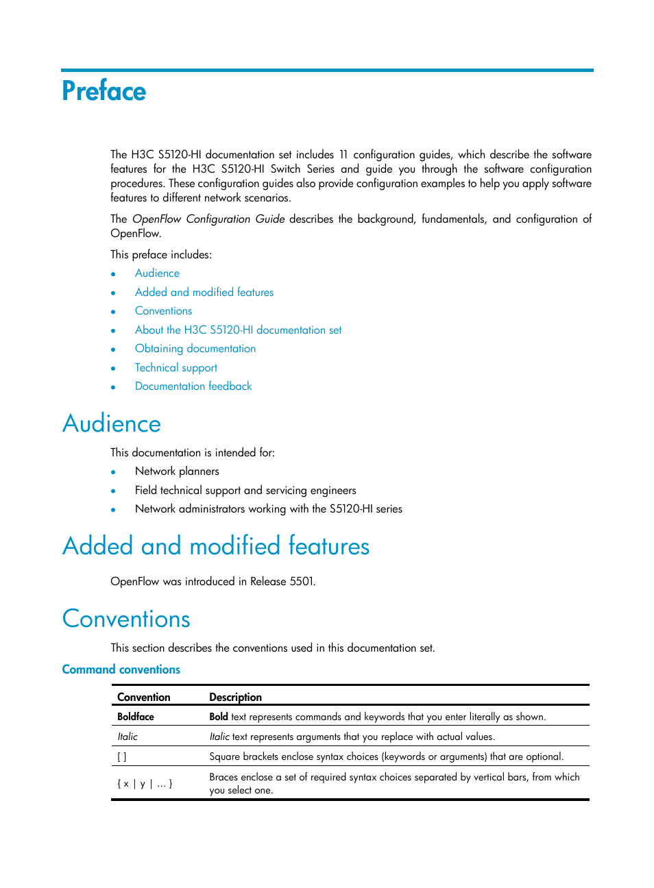 Preface, Audience, Added and modified features | Conventions, Command conventions | H3C Technologies H3C S5120 Series Switches User Manual | Page 3 / 21