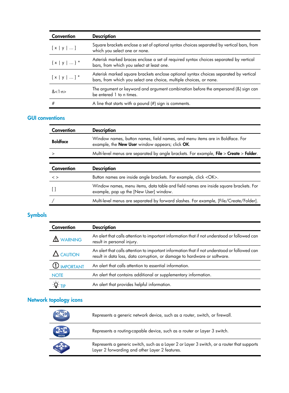 Gui conventions, Symbols, Network topology icons | H3C Technologies H3C S5120 Series Switches User Manual | Page 4 / 21